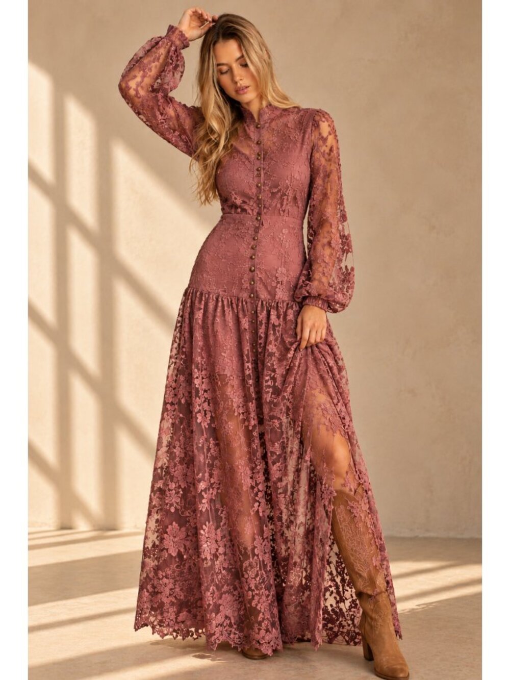 Joy Folie Mauve Floral Lace Embroidered Sheer Boho Maxi Dress